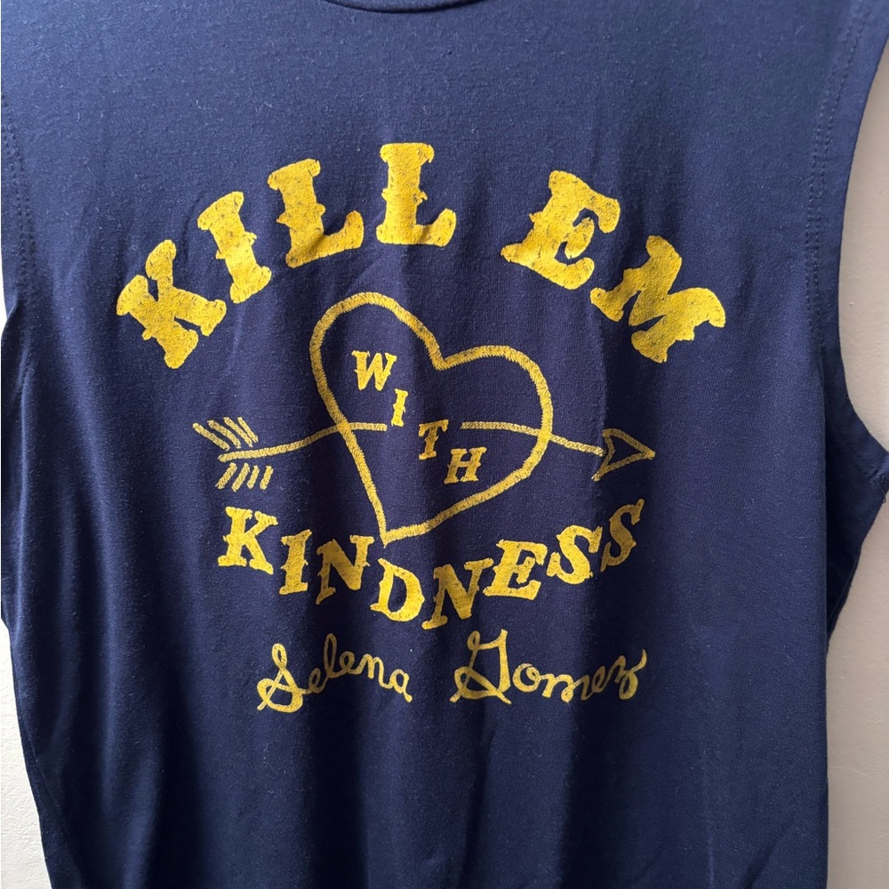 Selena Gomez Blue and Yellow Tank Top with Bold Graphics